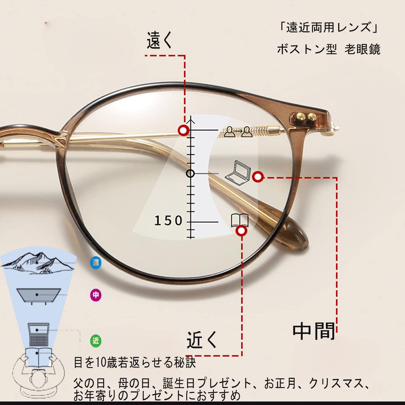 Amazon.co.jp: 遠近両用メガネ ボストン型 遠近両用メガネ メンズ 累進